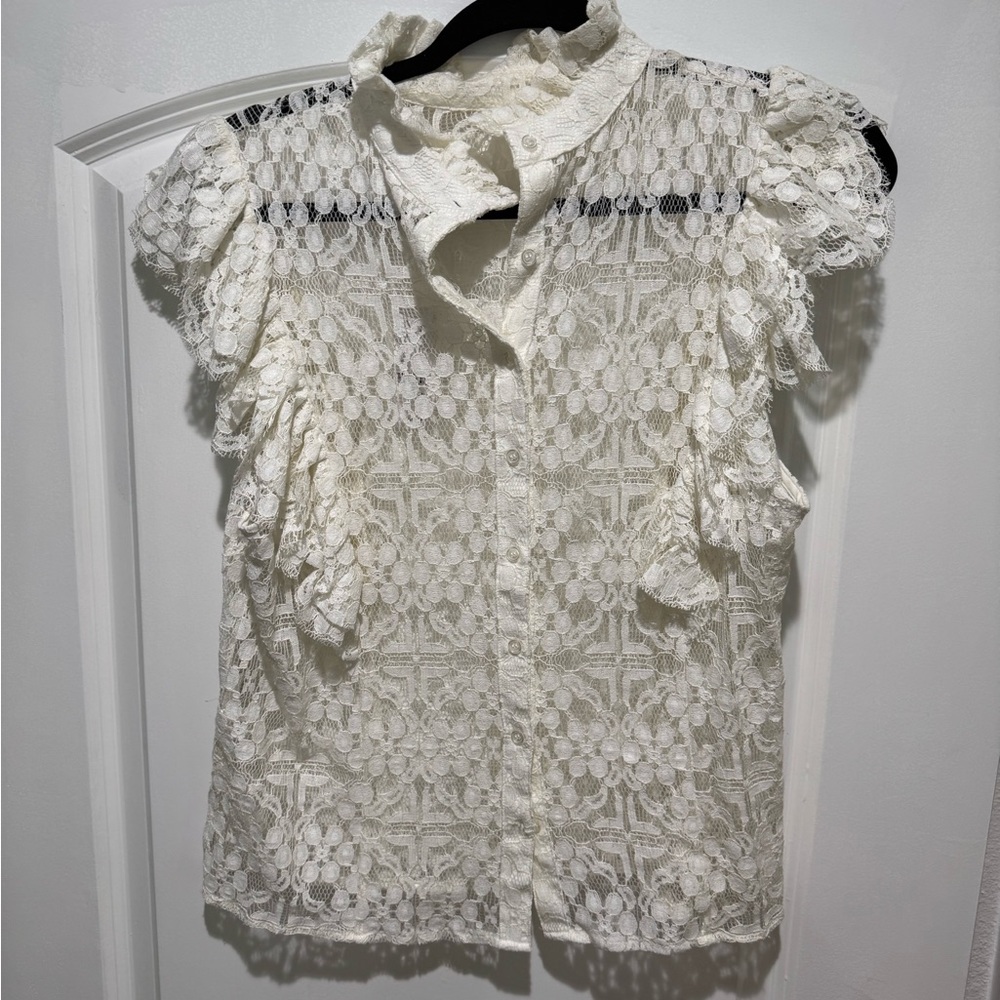 New York & Company Cream Ruffled Mandarin Collar Blouse